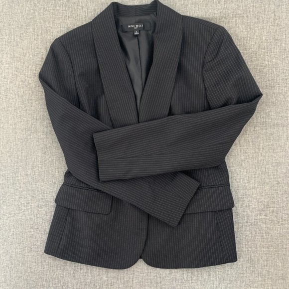 Nine West Womens Black Blazer Long Sleeve One Button Closure Shawl Label Gray St - Picture 12 of 14